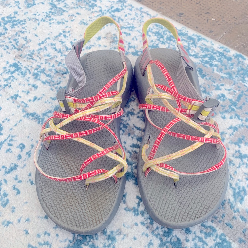 Chacos size 11. Pink and yellow with toe hole.